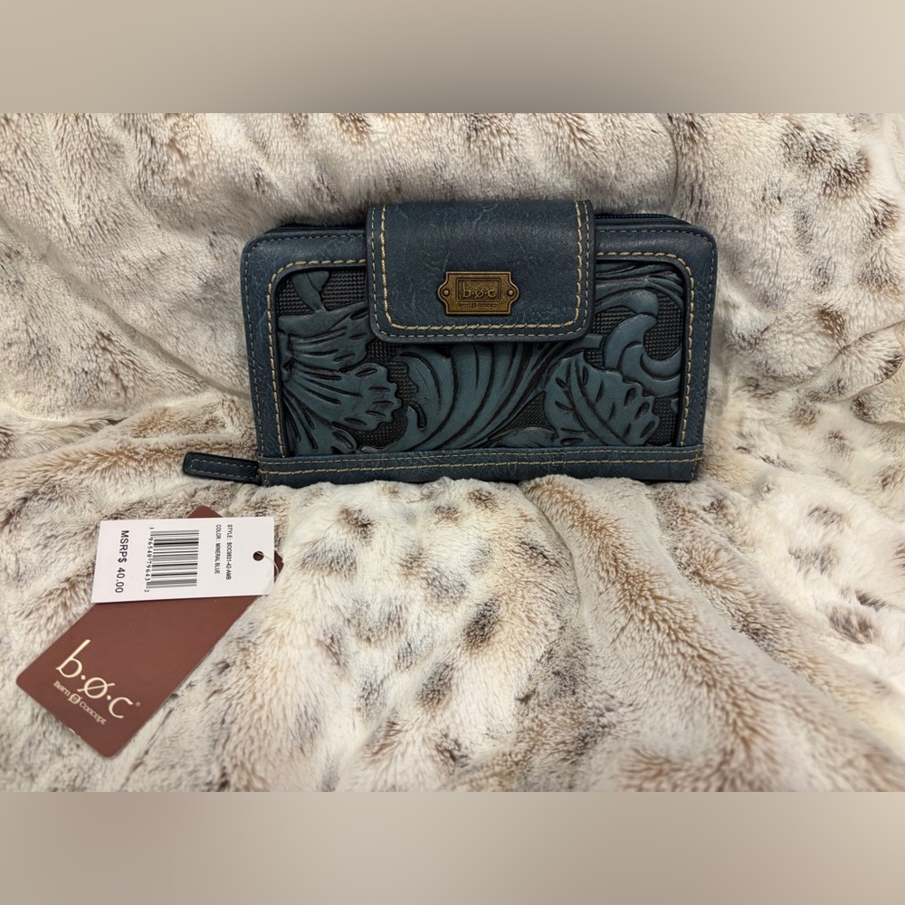 b.o.c. Born Concept Blue Tooled Vegan Leather Zip Around Wallet